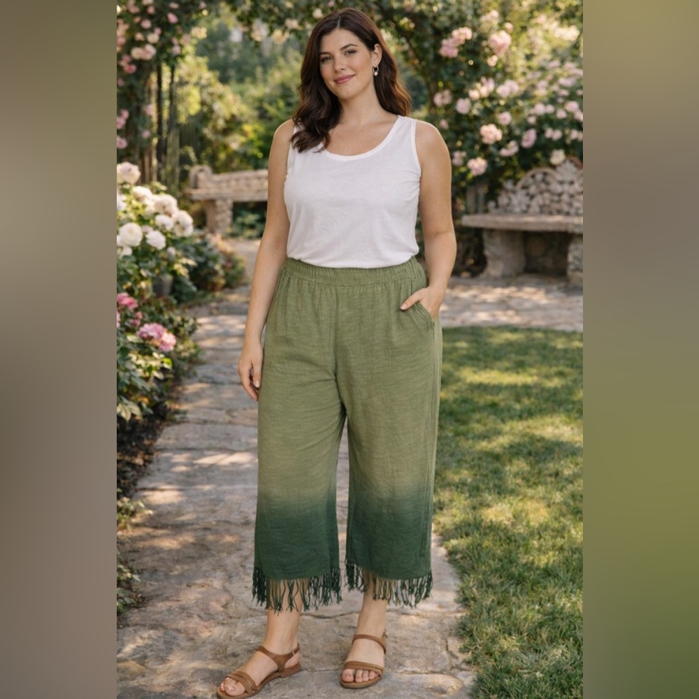 NWT Umgee Ombre Olive Green Fringe Knit Crop Pants Size 2X
